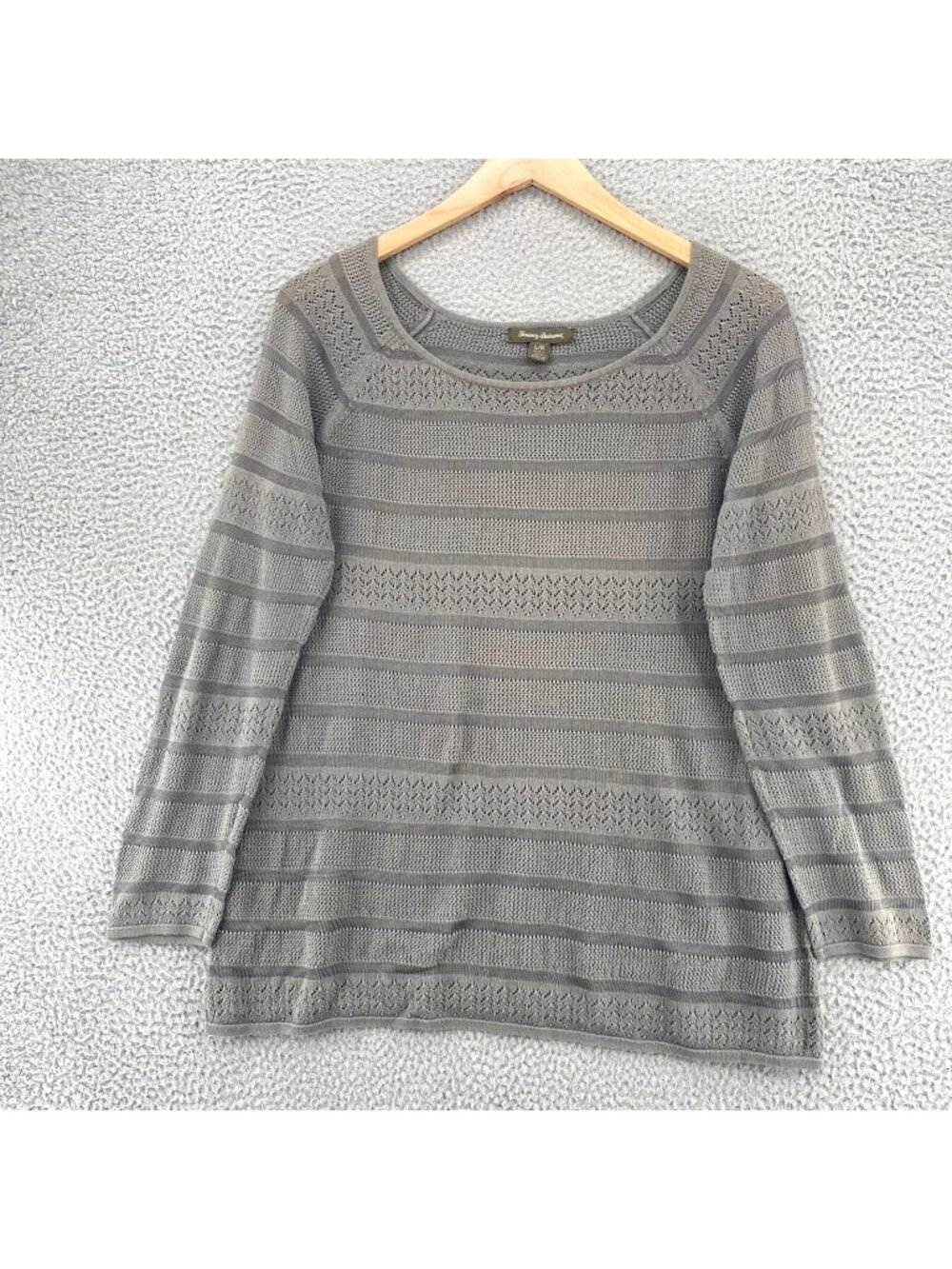 Tommy Bahama Top Womens Large Gray Crochet Stripe Raglan Long Sleeve Pullover
